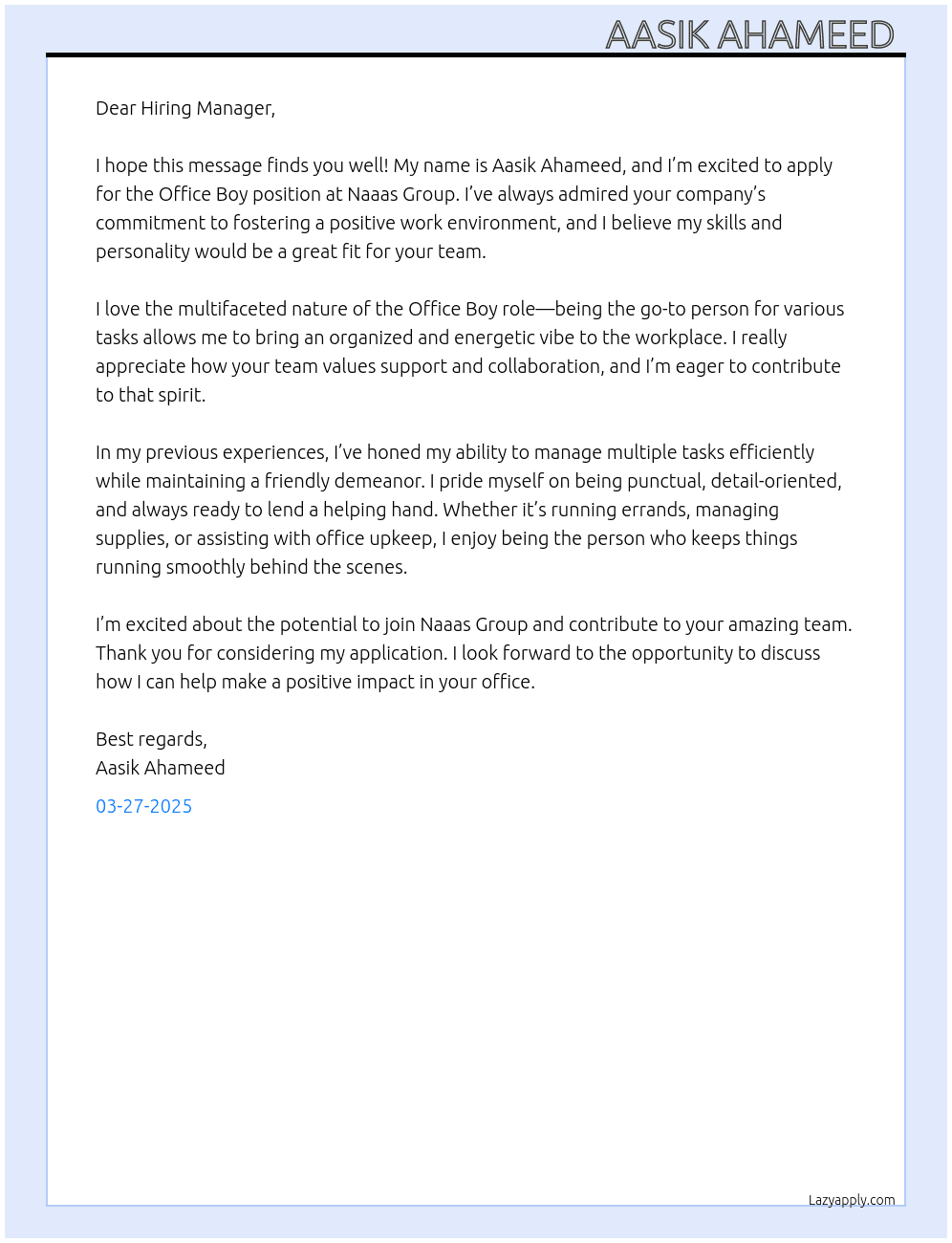 Office boy  At Naaas group  Cover Letter