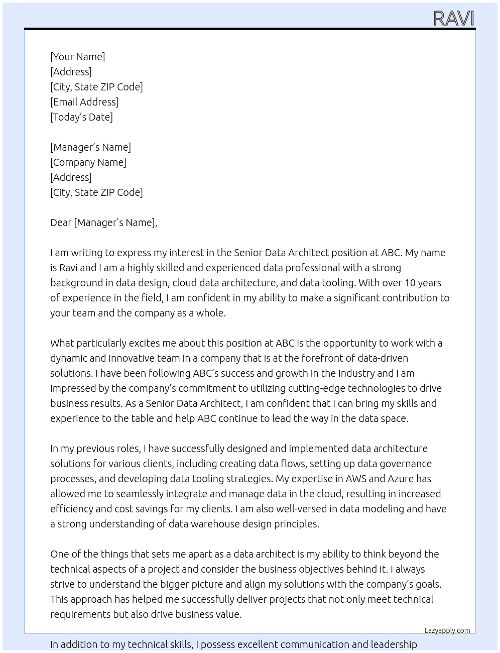 Senior Data Architect At ABC Cover Letter