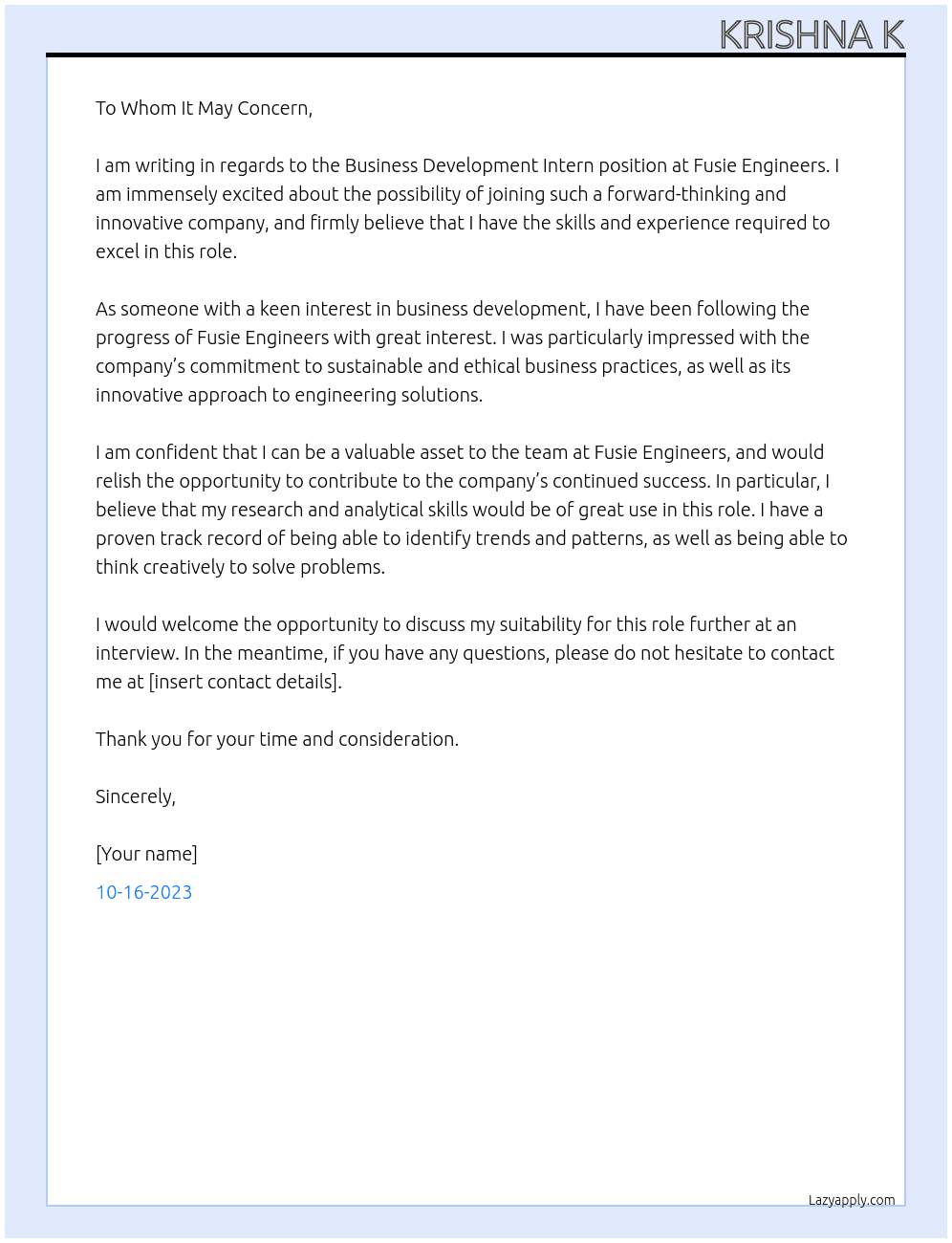 Business development intern  At Fusie engineers Cover Letter