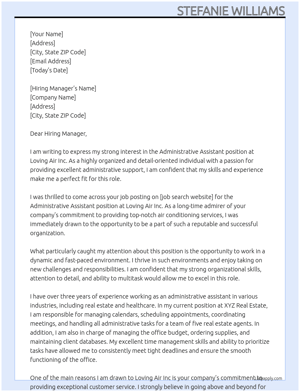 Administrative Assistant At Loving Air Inc Cover Letter