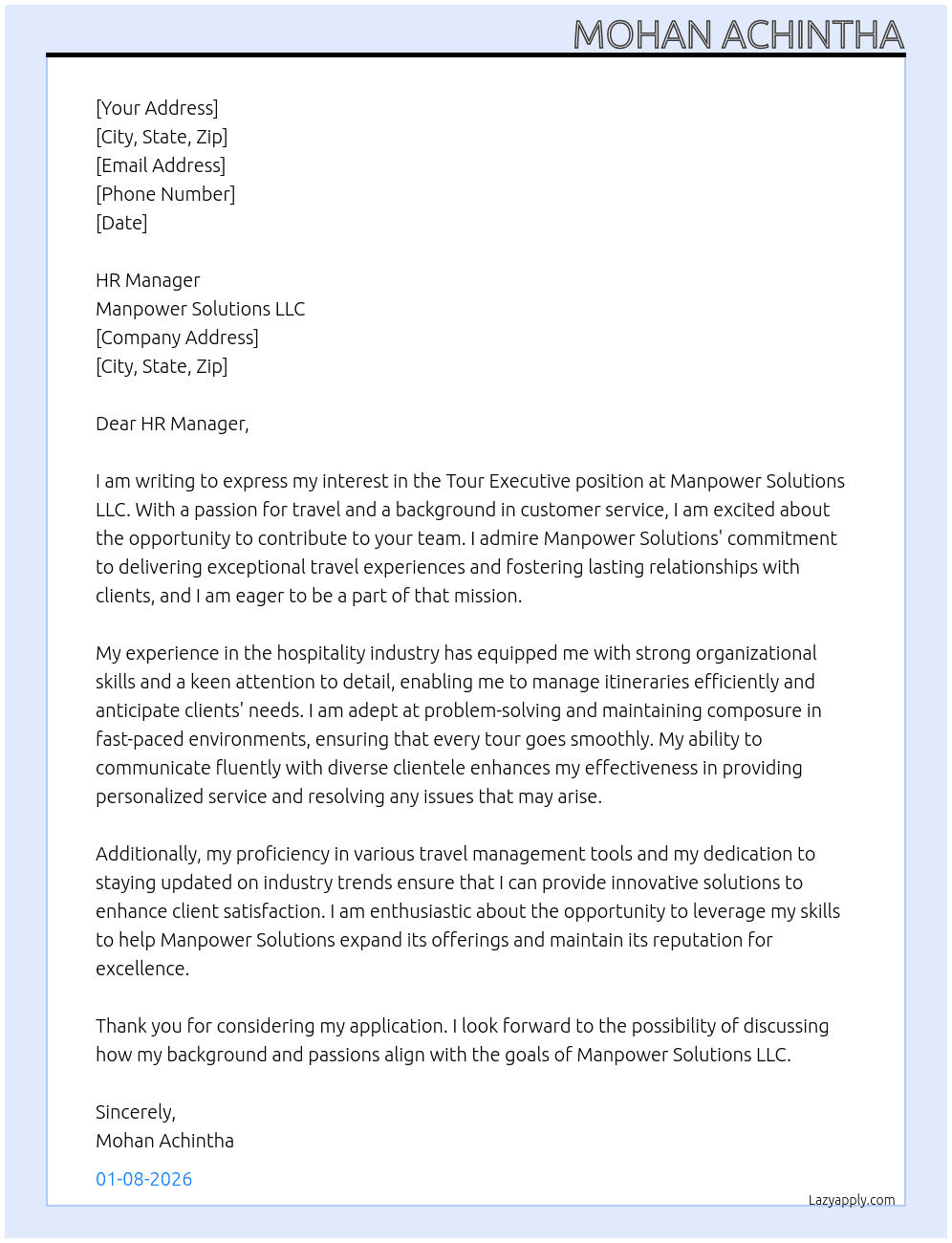 Tour executive At Manpower Solutions LLC Cover Letter