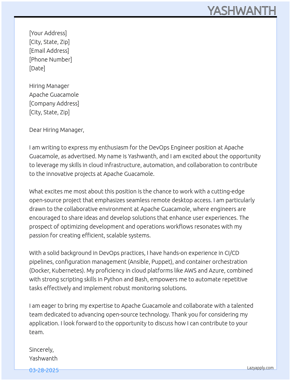 DevOps Engineer At Apache Guacamole  Cover Letter