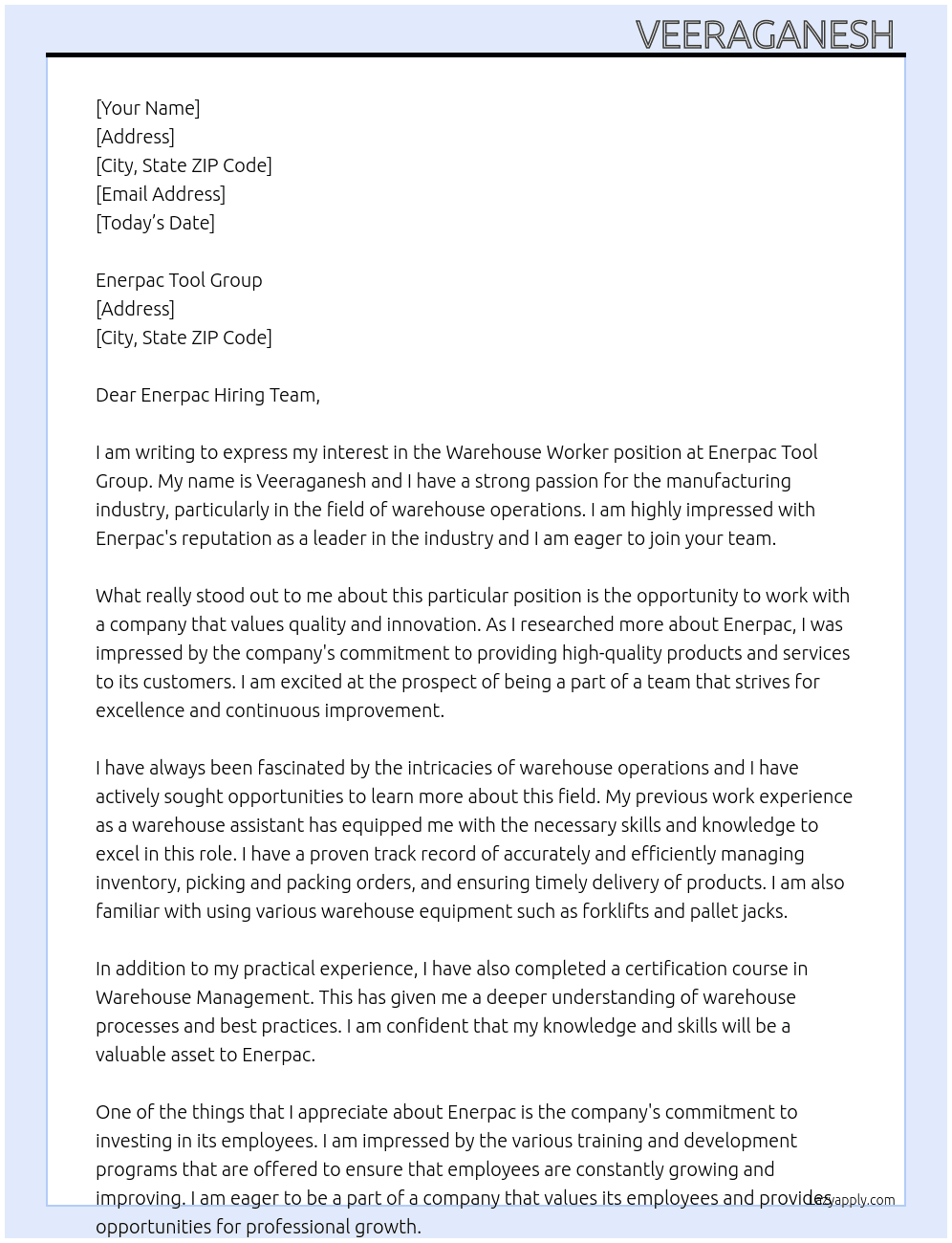 Cover letter for warehouse woker - LazyApply