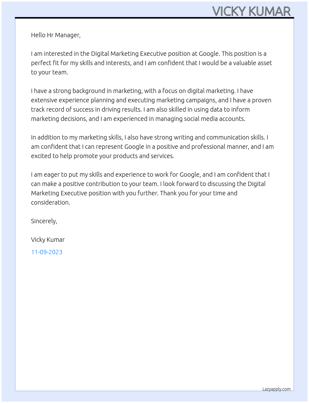 Digital Marketing Executive  At Google  Cover Letter