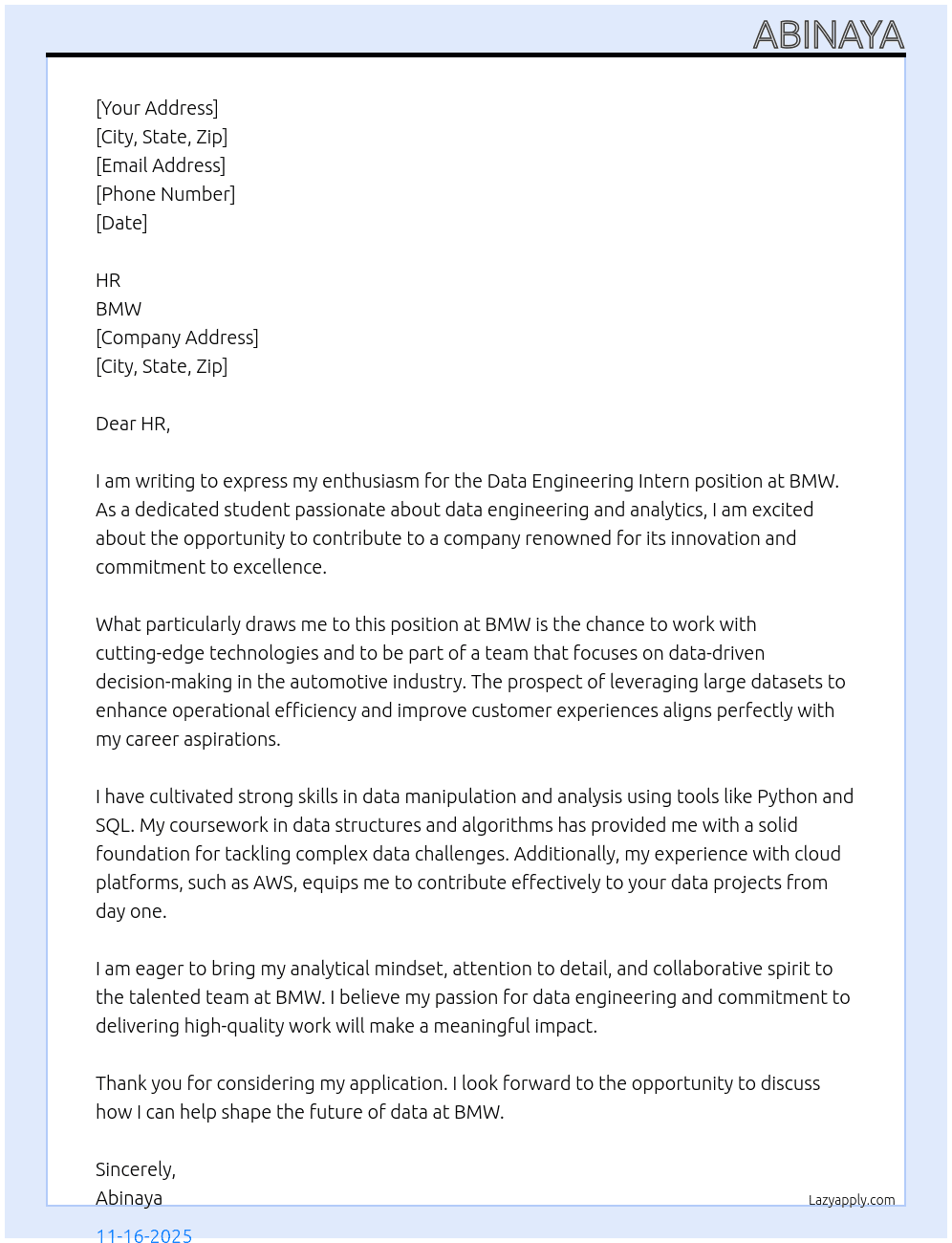 Data Engineering Intern At BMW Cover Letter