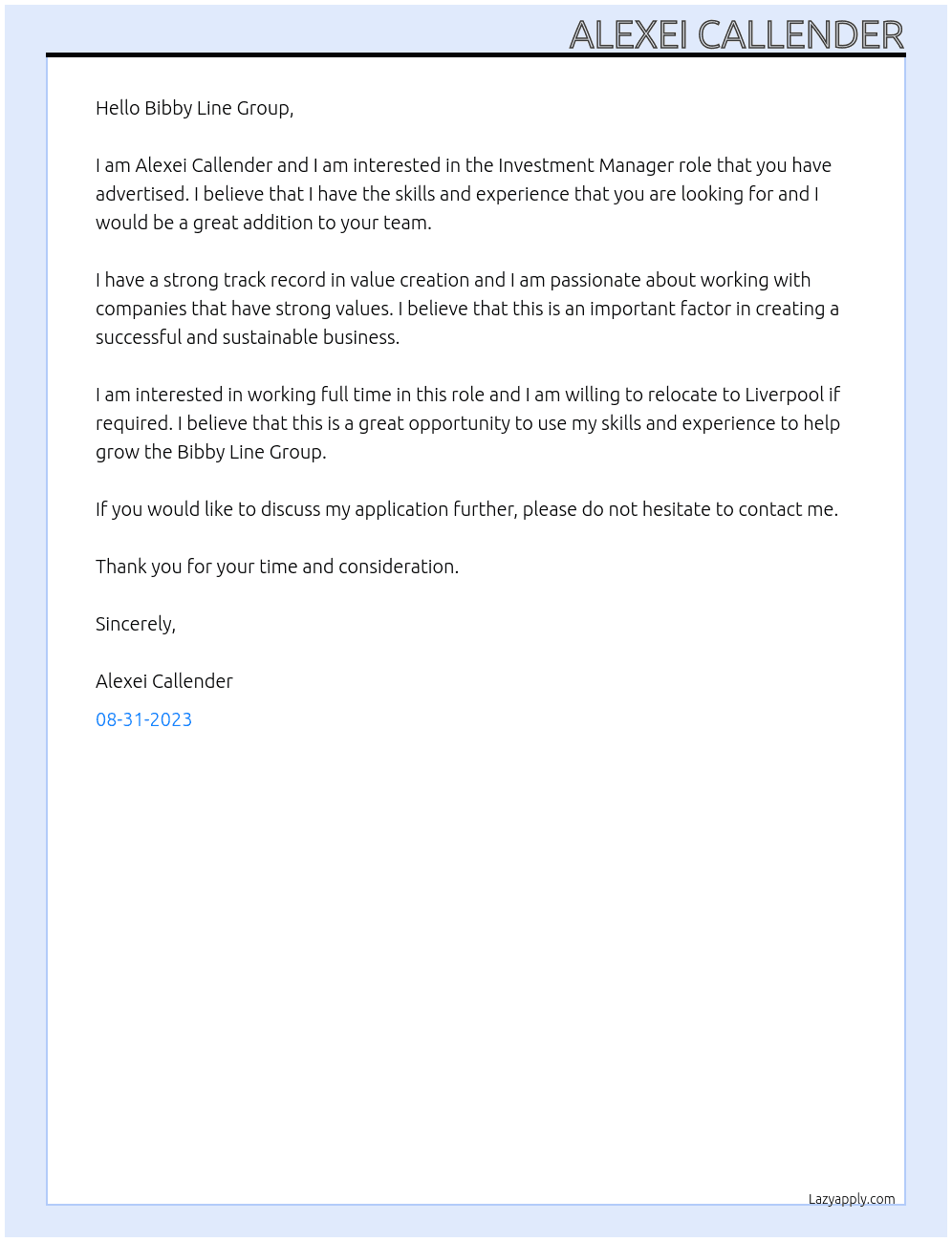 Investment Manager At Bibby Line Group Cover Letter