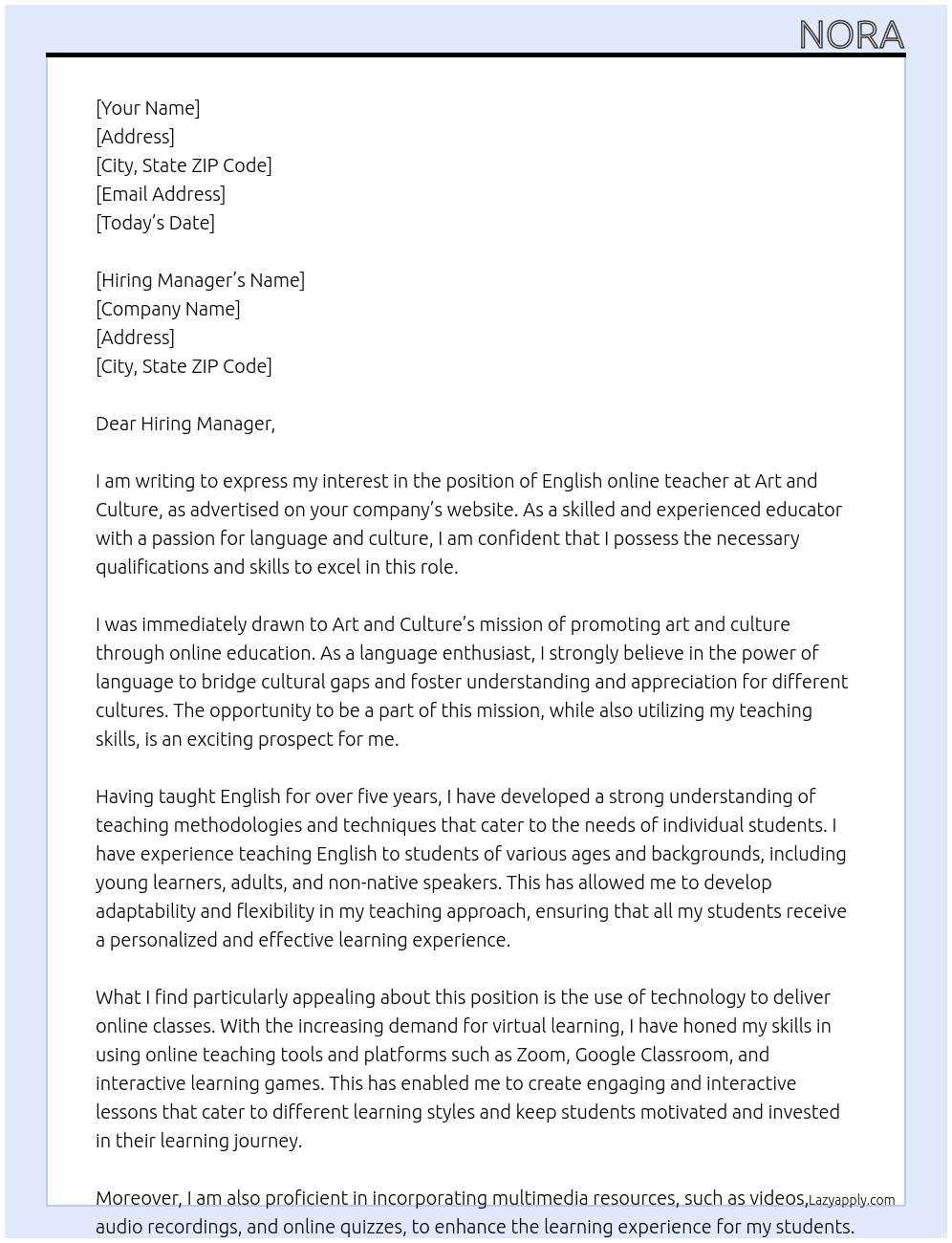 English online teacher At Art and culture Cover Letter