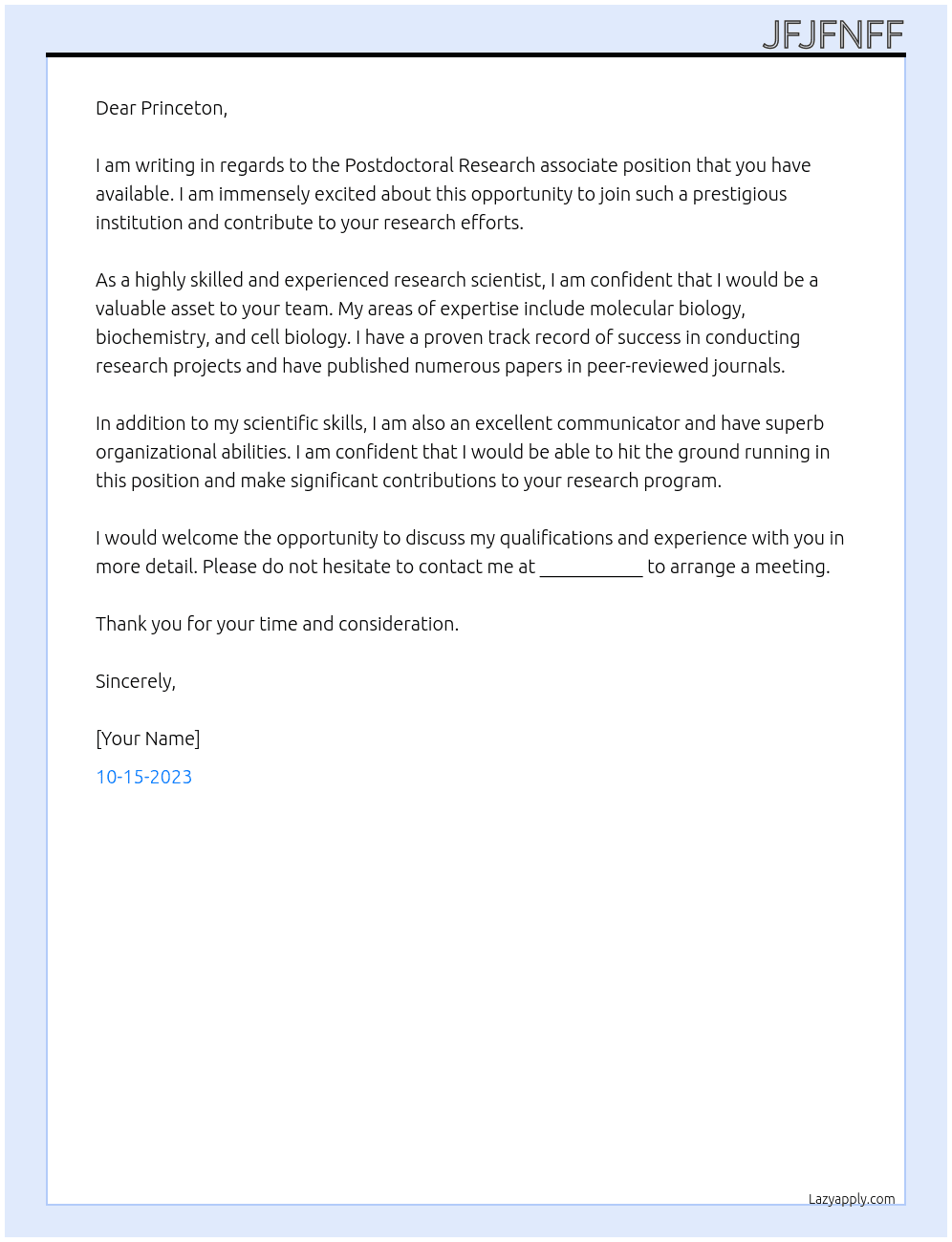 Postdoctoral Research associate At princeton Cover Letter