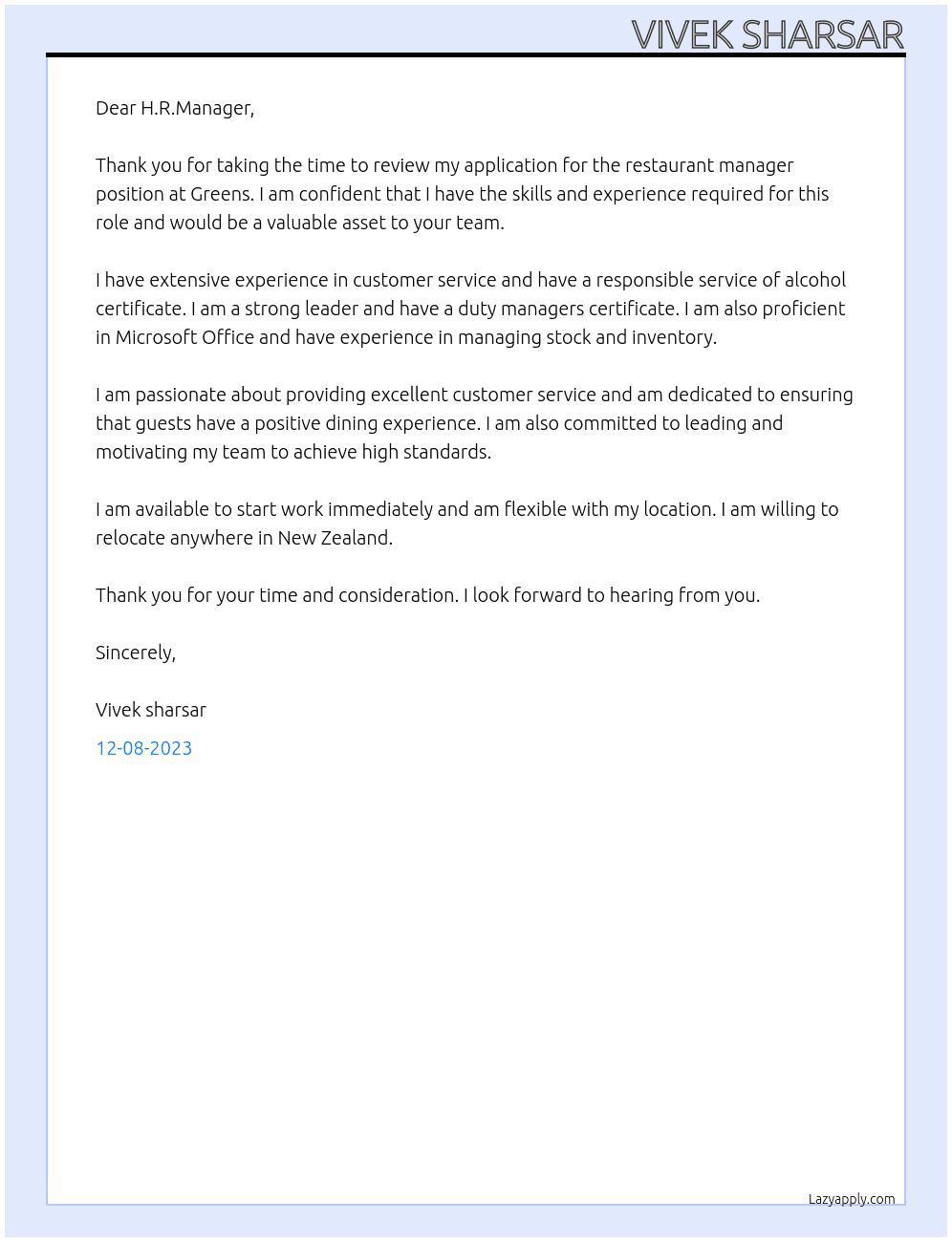 Restaurant manager At Greens Cover Letter