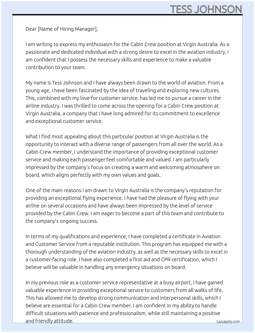 Cabin Crew At Virgin Australia Cover Letter