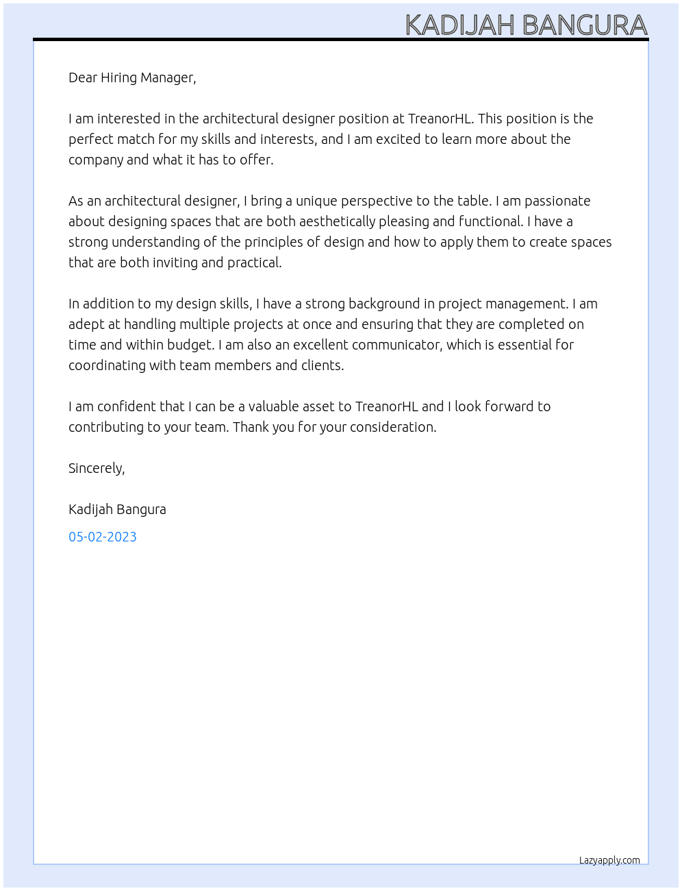 architectural designer At TreanorHL Cover Letter