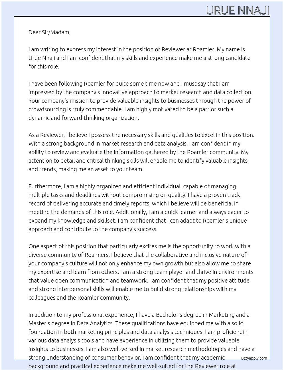 Reviewer At Roamler Cover Letter