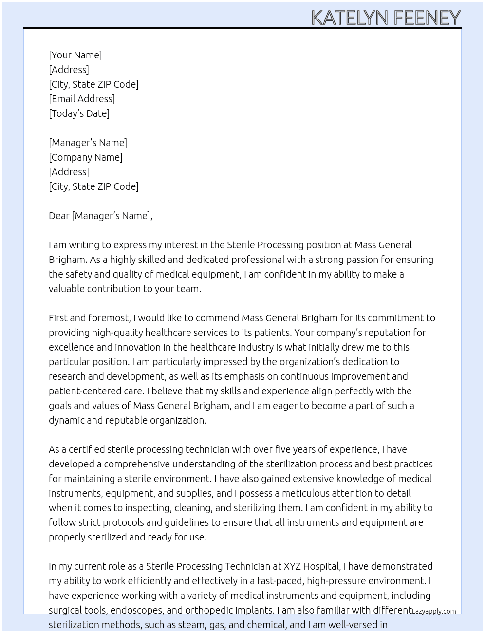 Sterile processing At Mass General Brigham Cover Letter
