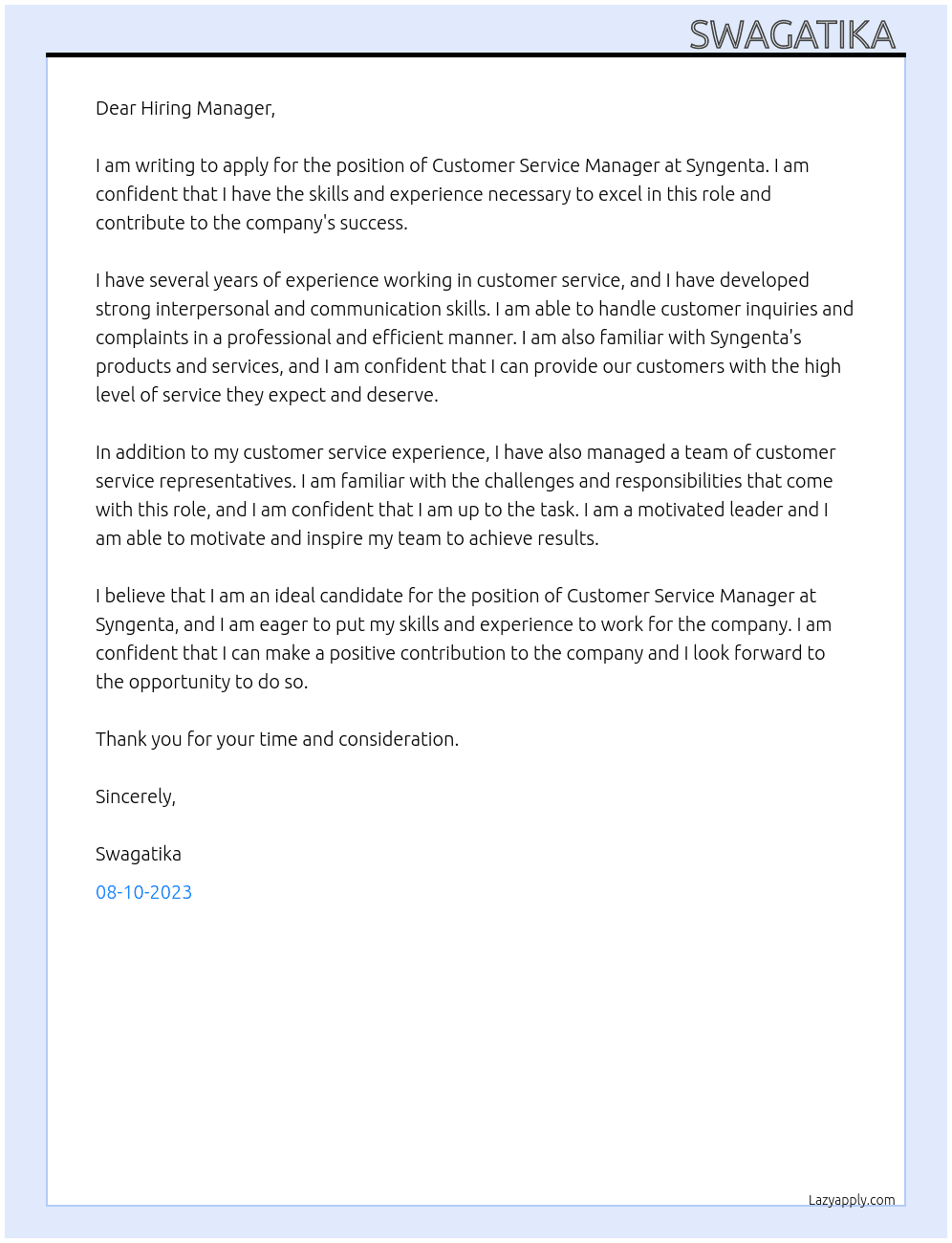 Customer service manager  At Syngenta Cover Letter