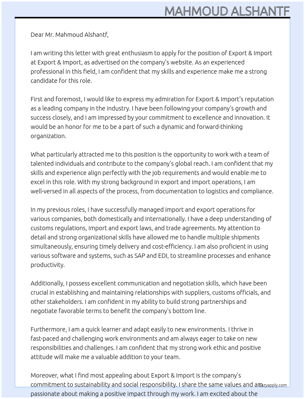 Export & Import At Export & Import Cover Letter