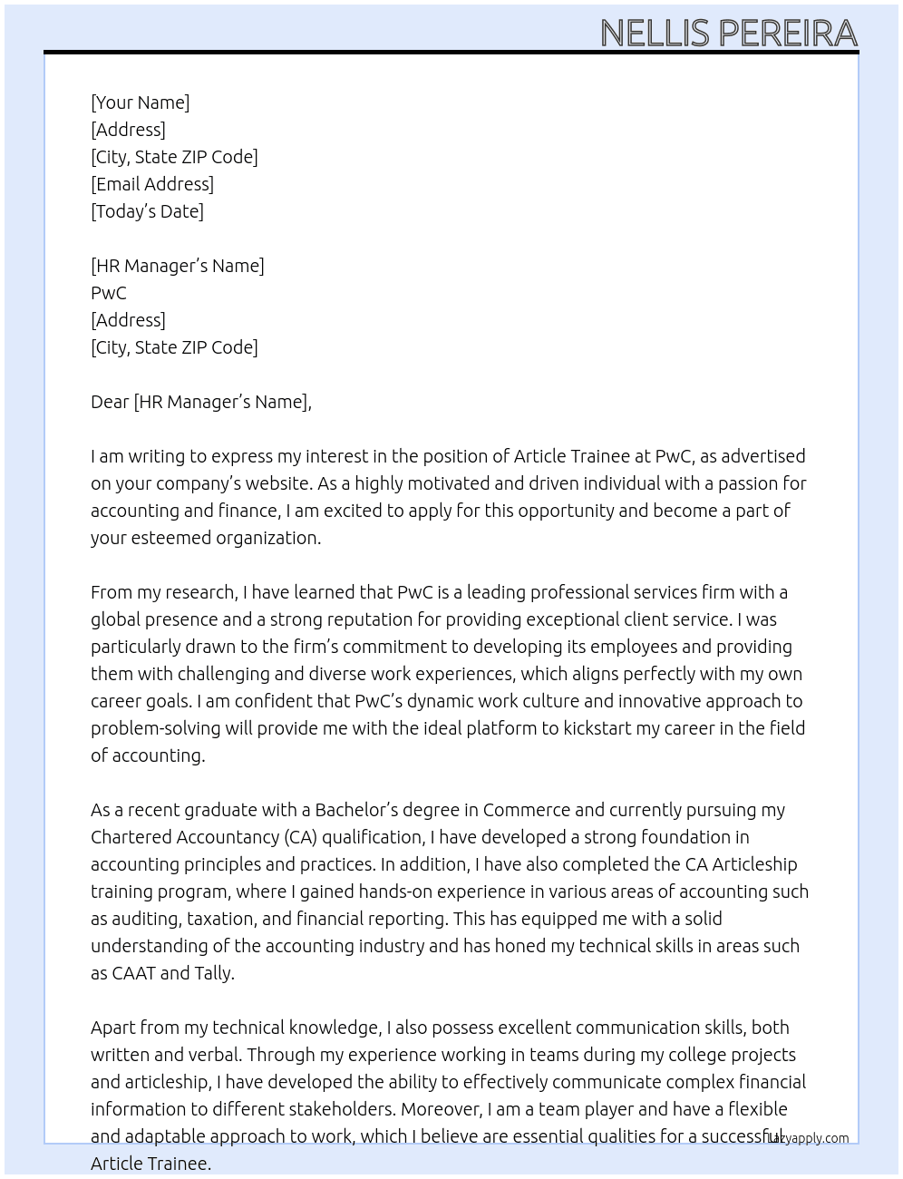 Article Trainee At PwC Cover Letter