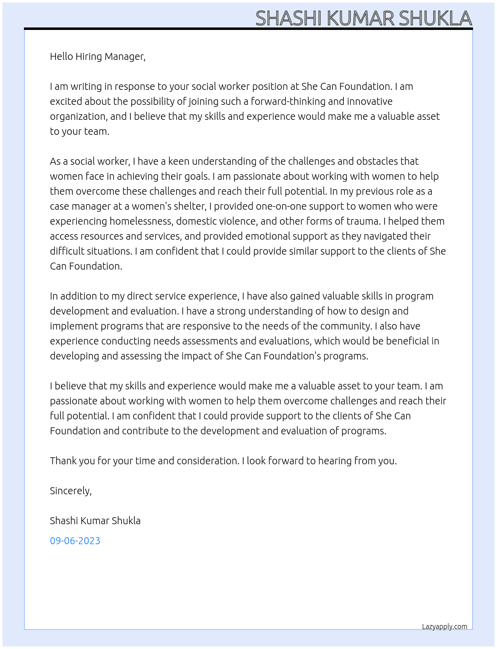 Social Worker At She Can Foundation Cover Letter