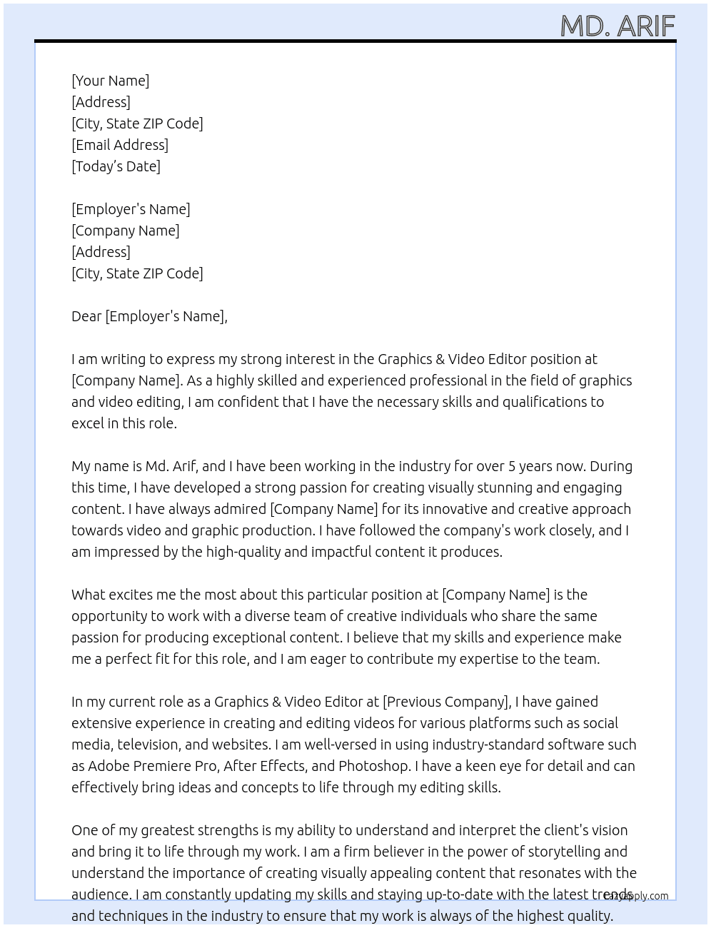 Graphics & Video Editor At Arif Cover Letter