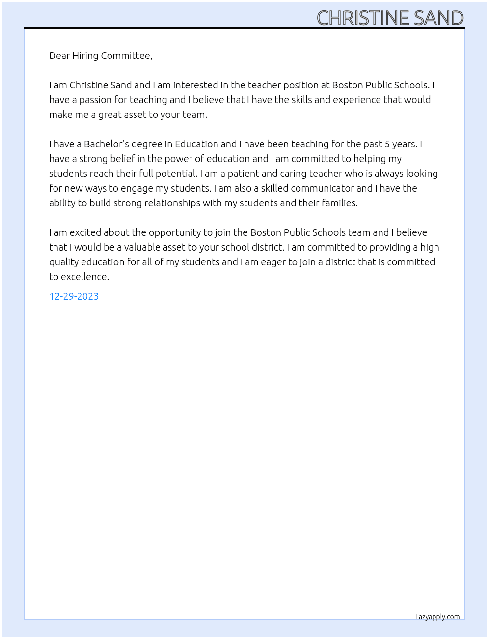 teacher At Boston Public Schools Cover Letter
