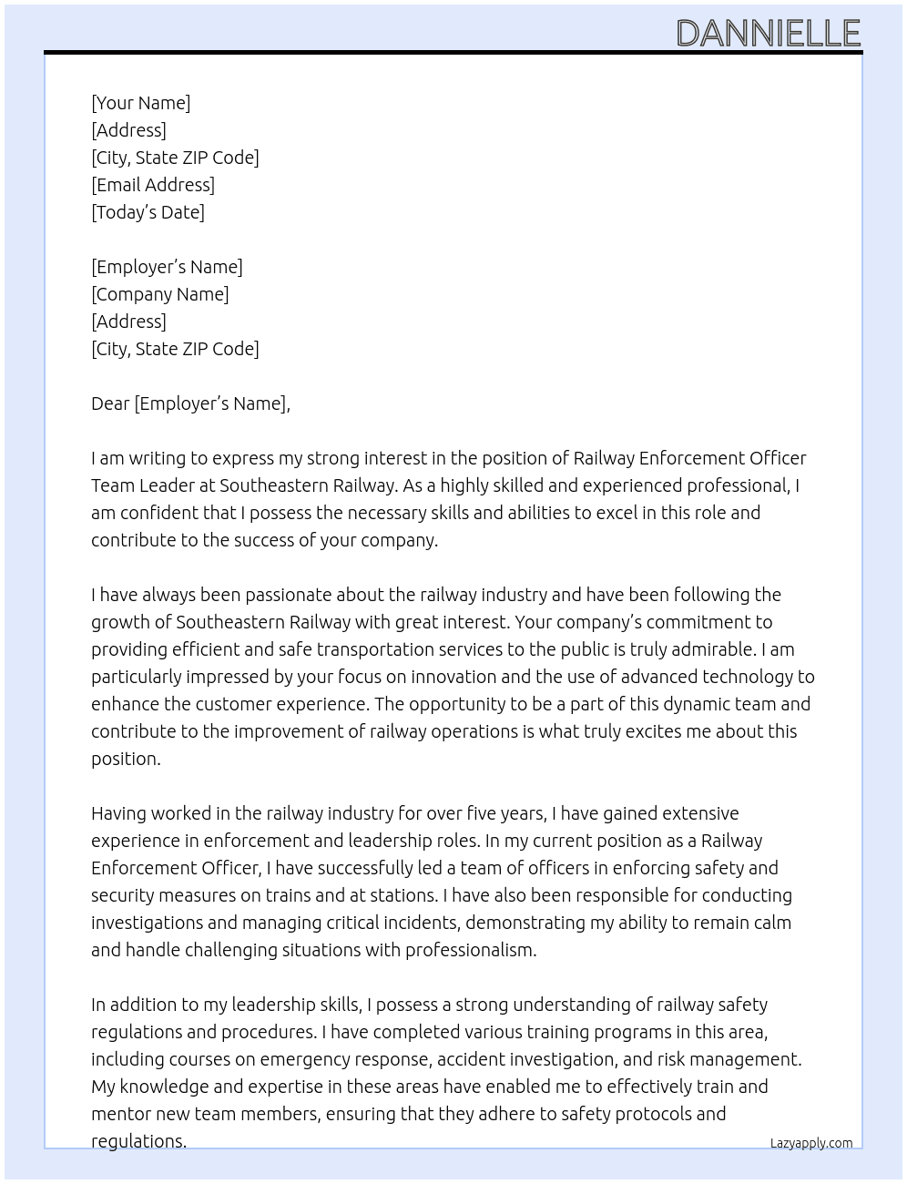 Cover letter for railway enforcement officer team leader - LazyApply