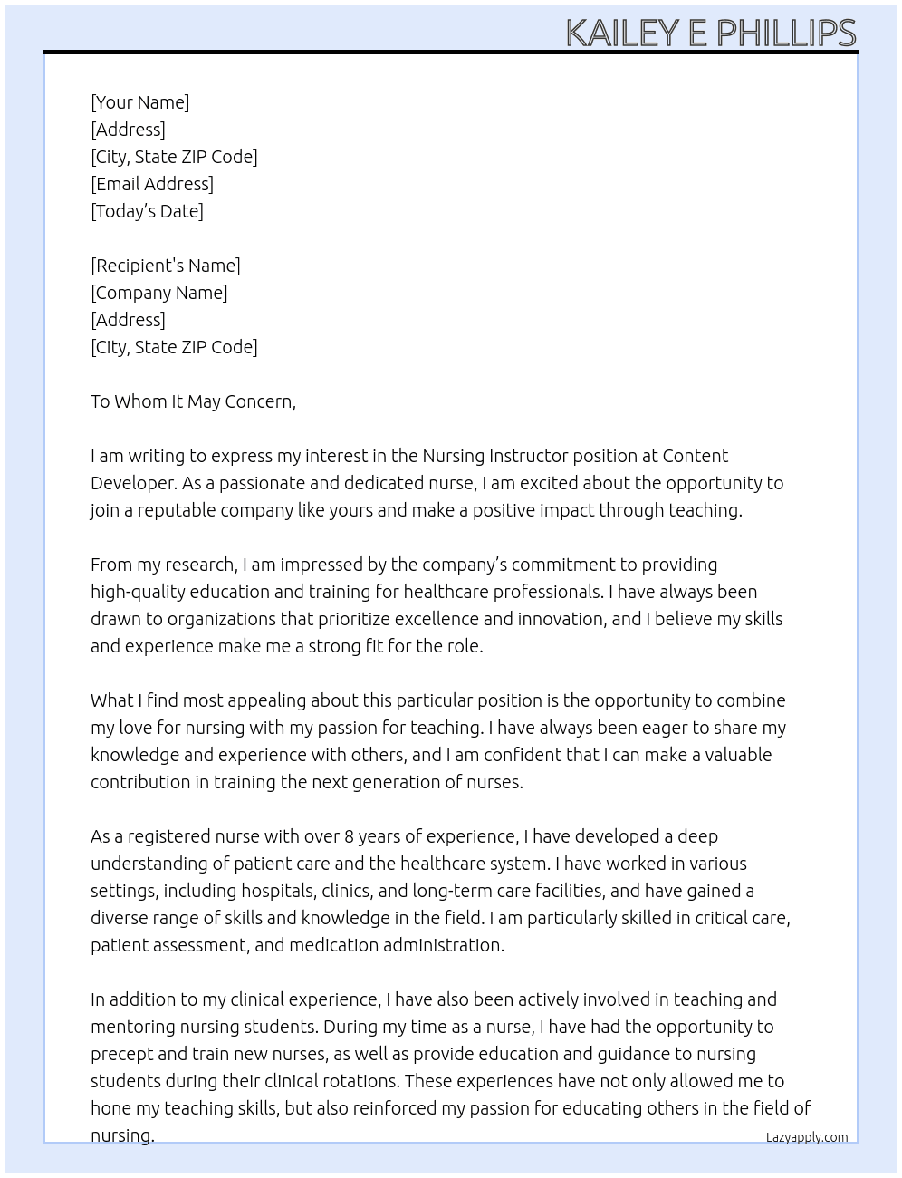 Nursing Instructor At Content Developer Cover Letter