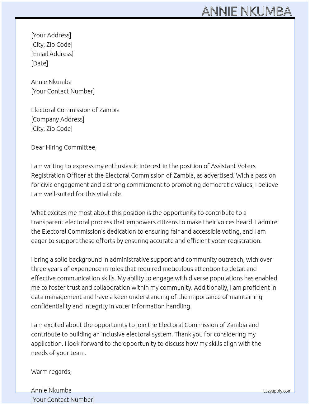 Assistant voters registration officer At Electoral Commission of Zambia Cover Letter