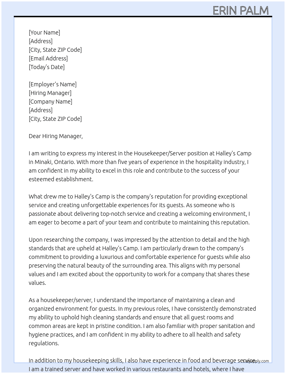 Housekeeper/server At Halley's Camp Cover Letter