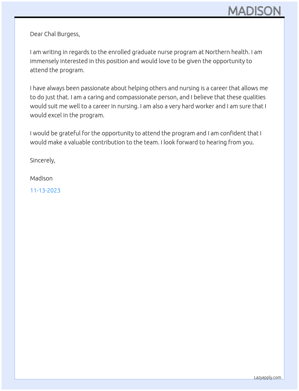 Enrolled graduate nurse program  At Northern heath  Cover Letter