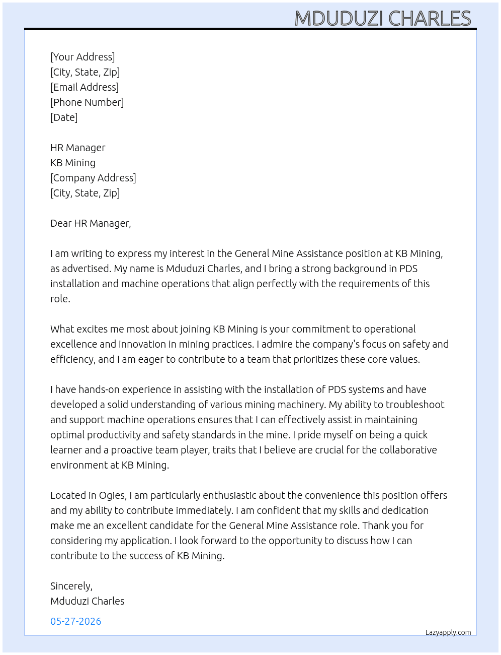 General mine assistance  At KB Mining Cover Letter