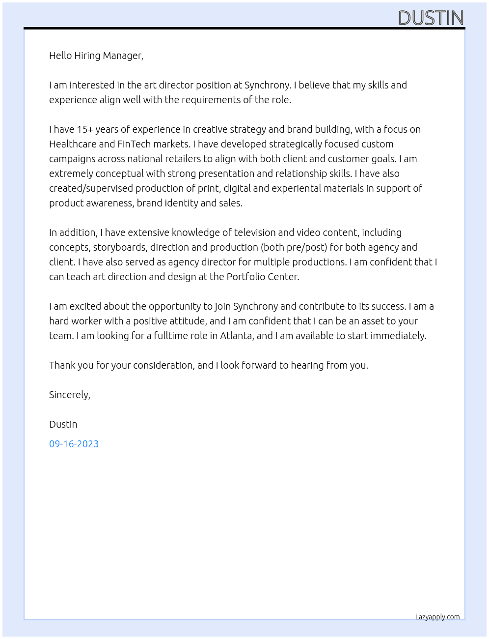 art director At Synchrony Cover Letter