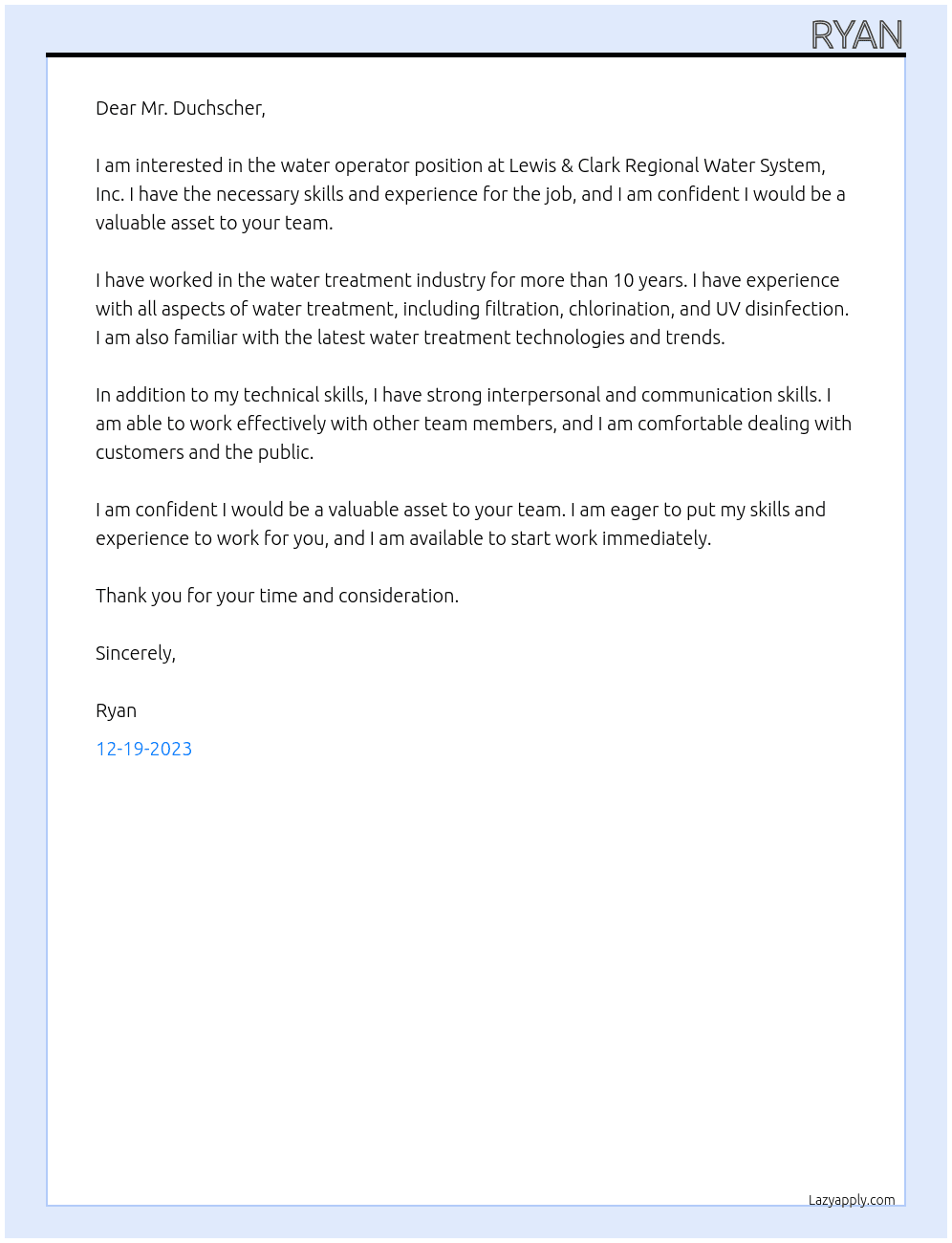 Water Operator At Lewis & Clark Regional Water System, Inc. Cover Letter