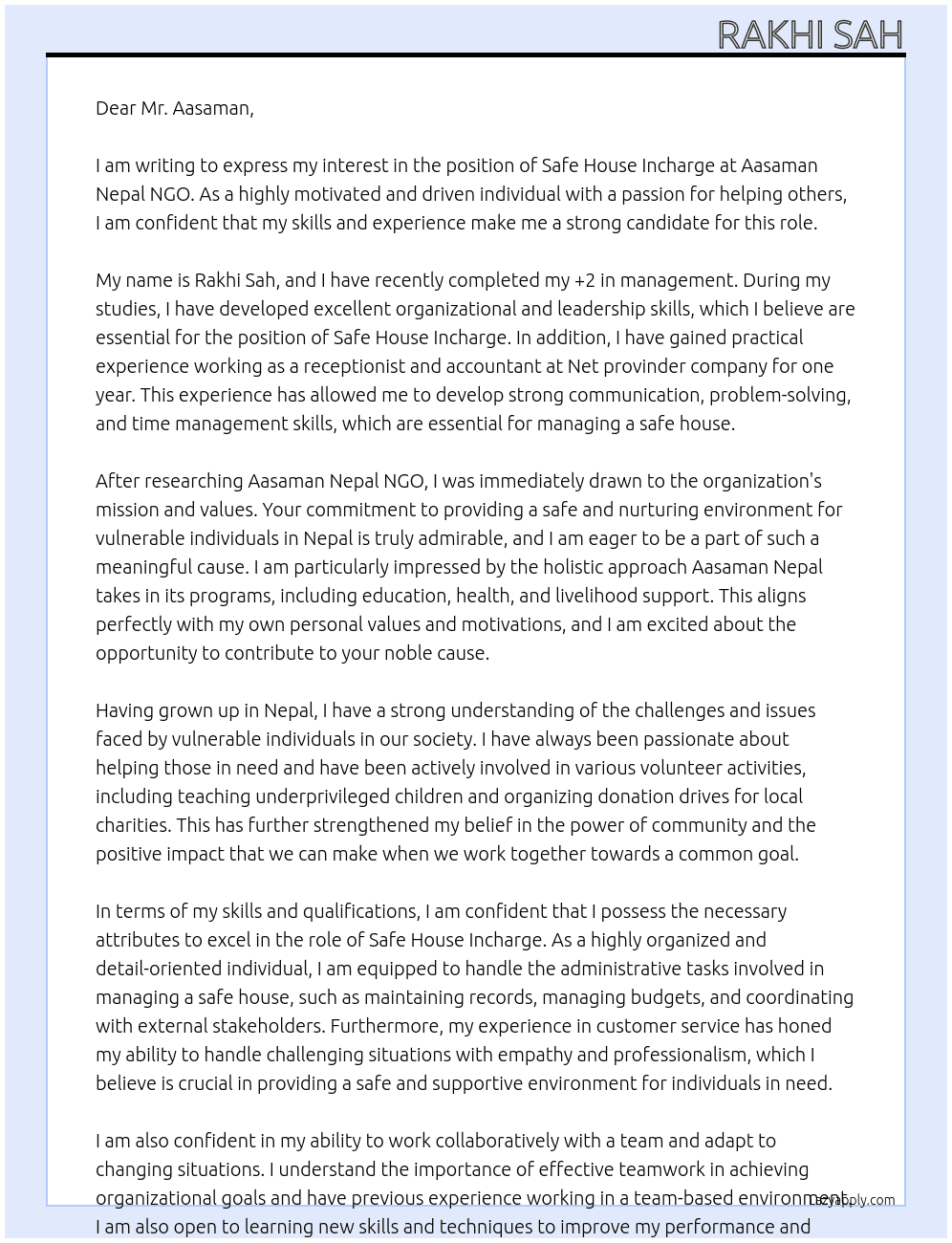 Safe House Incharge  At Aasaman Nepal NGO Cover Letter