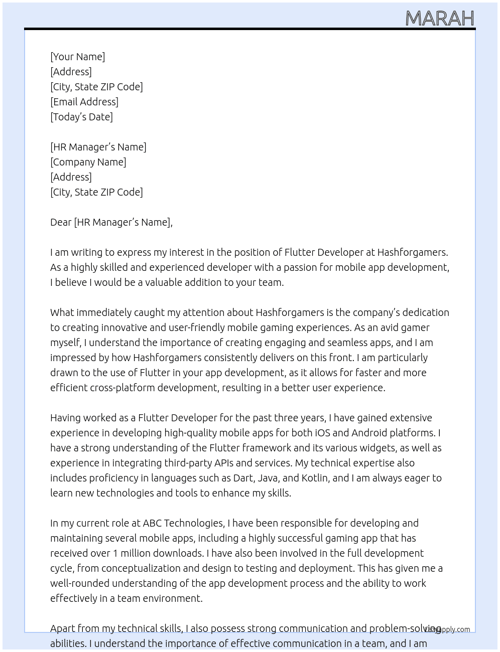 Flutter developer At Hashforgamers Cover Letter