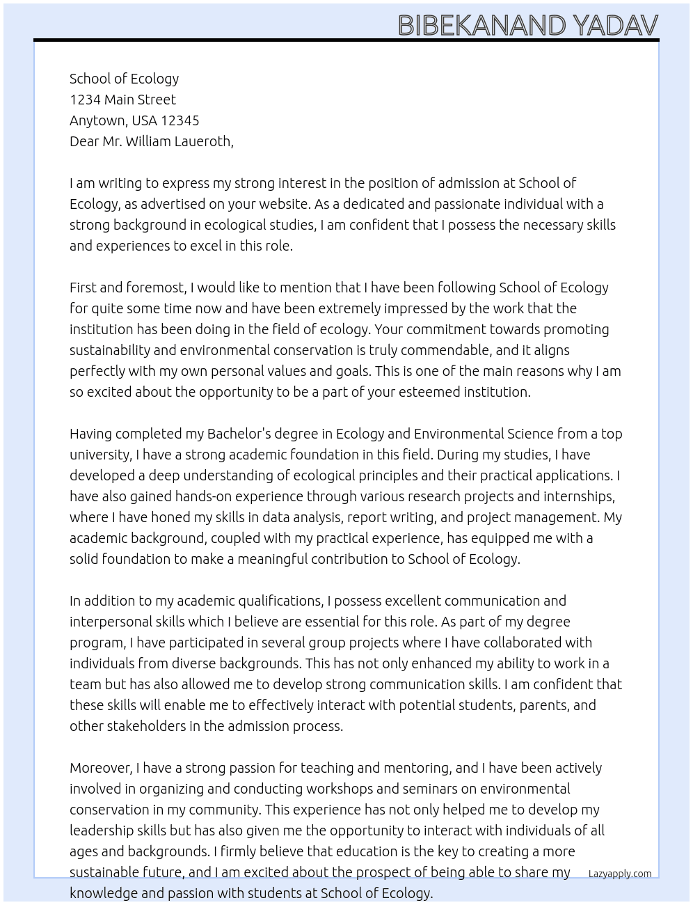 Letter for admission At School of ecology Cover Letter