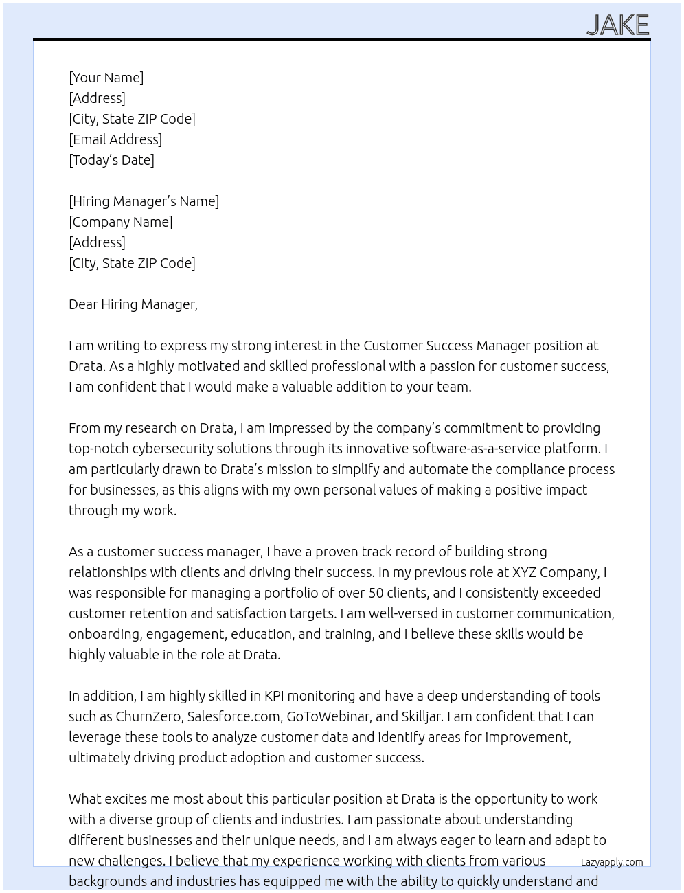 Customer Success Manager At Drata Cover Letter