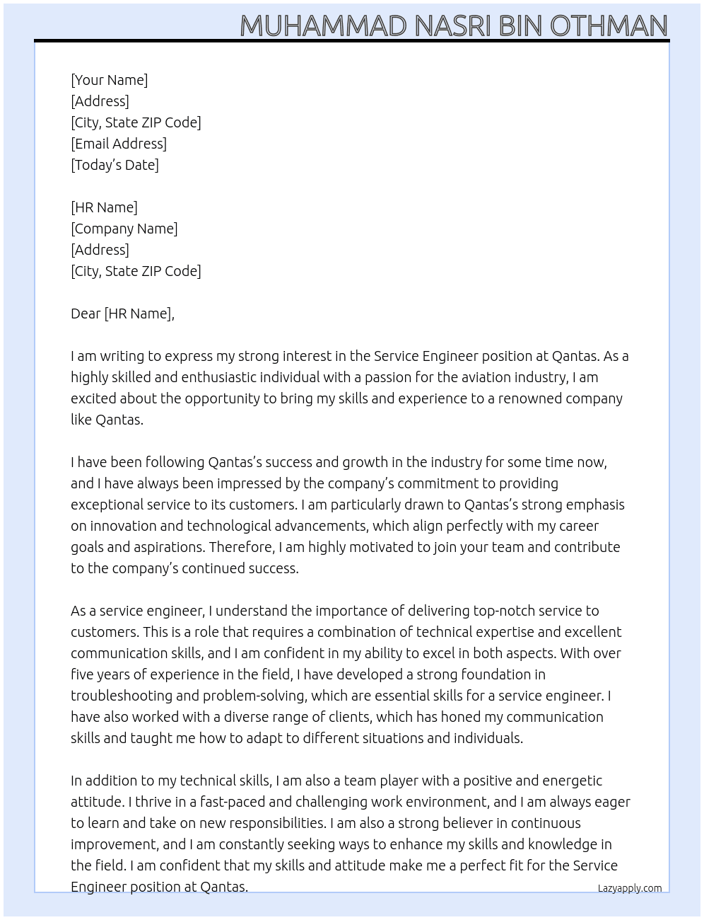 Service Engineer At Qantas Cover Letter