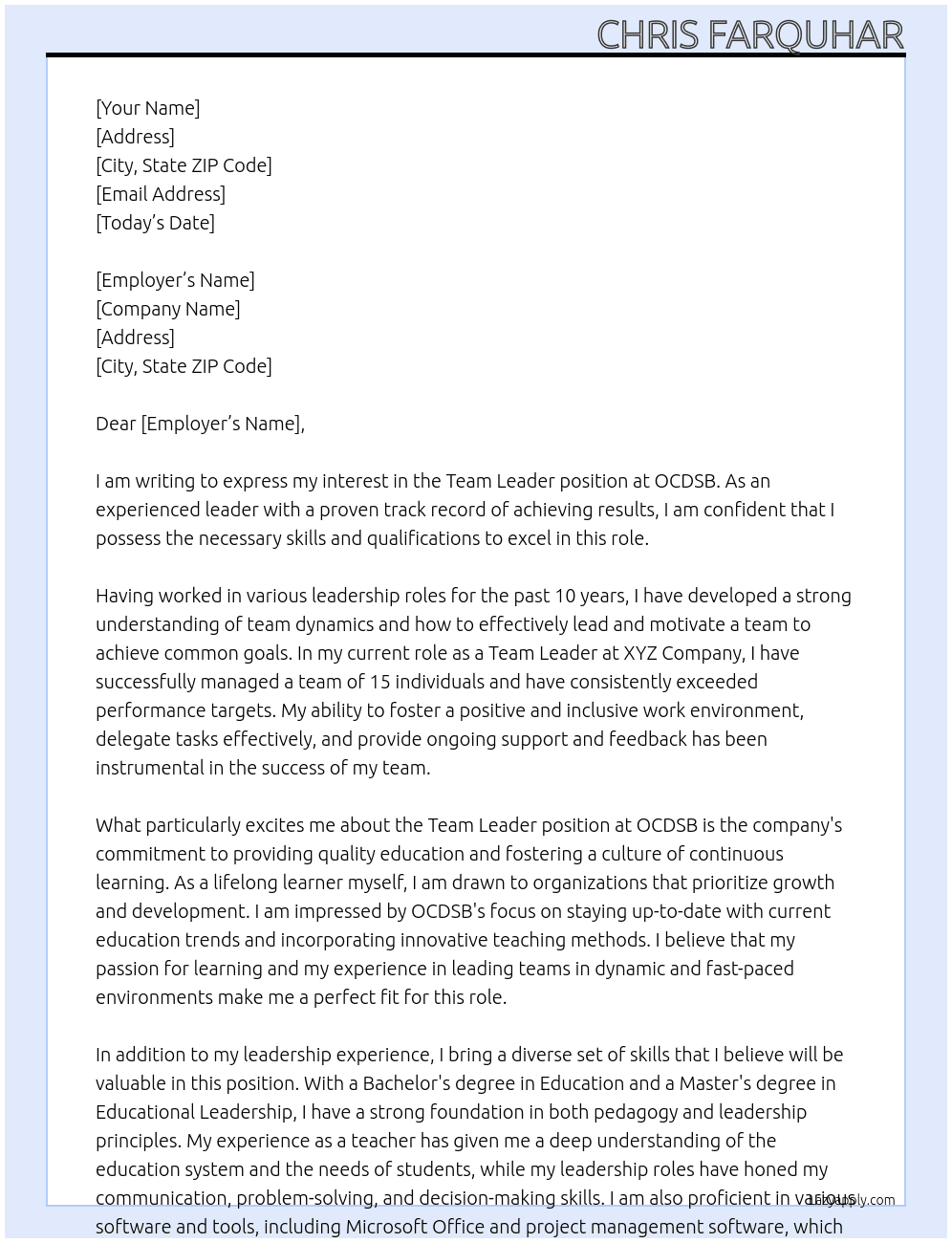 Team Leader At OCDSB Cover Letter