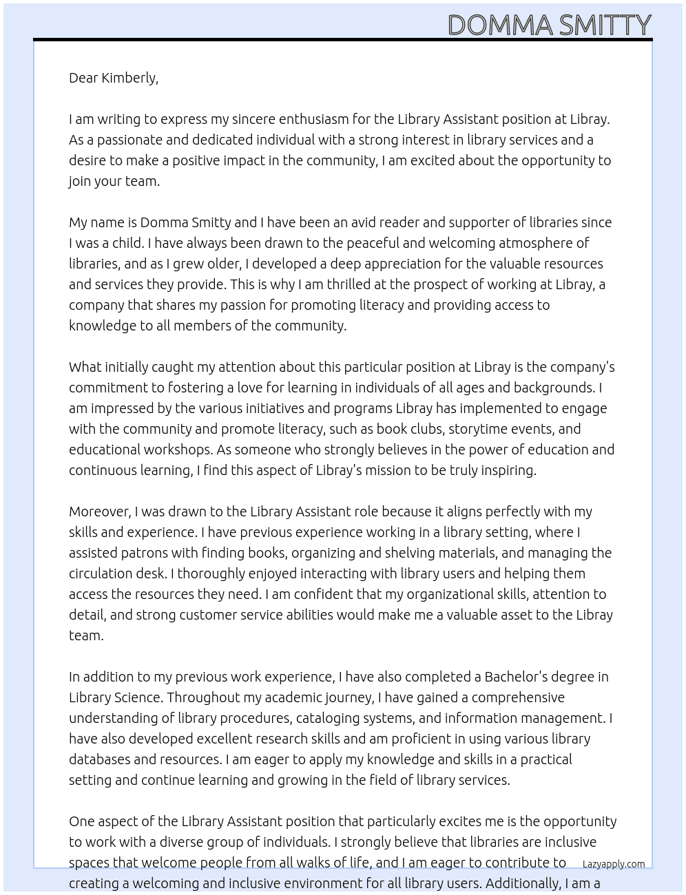 Libary Assistant At Libray Cover Letter