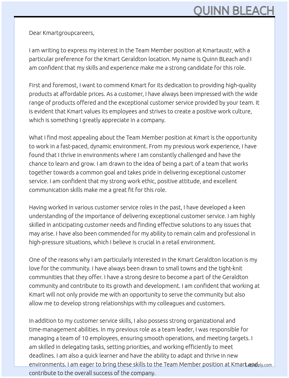 Team Member At kmartaustr Cover Letter