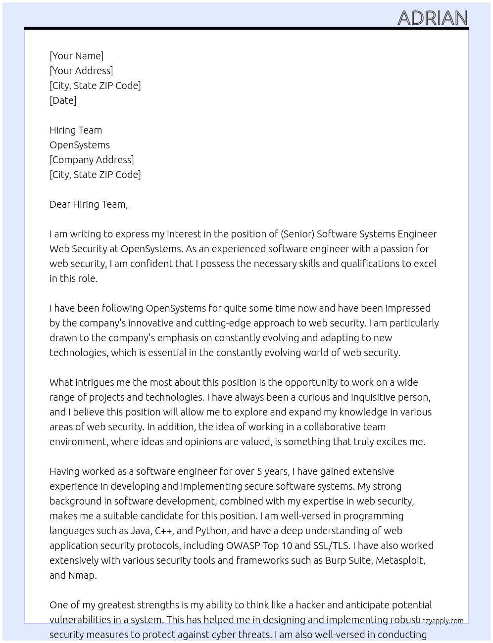 (Senior) Software Systems Engineer Web Security At OpenSystems Cover Letter