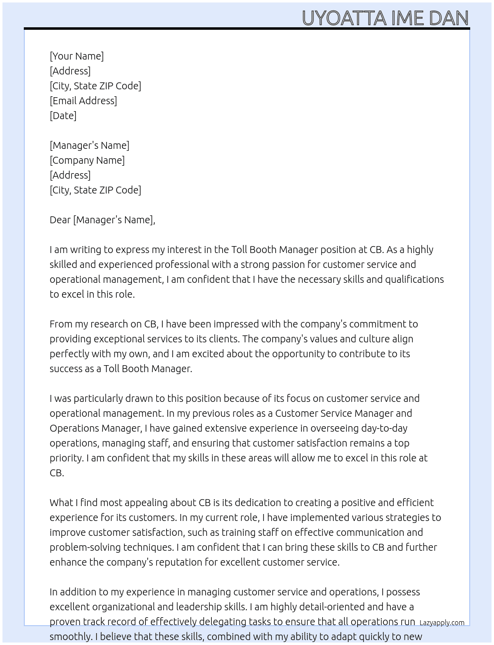Toll Booth Manager At Cb Cover Letter