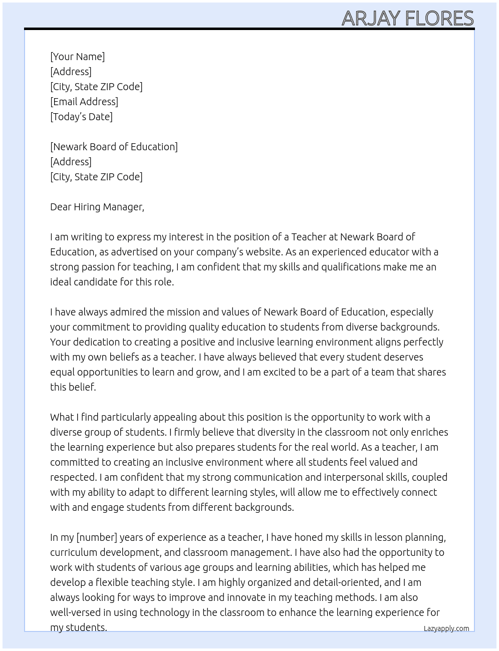 Teacher At Newark Board of Education Cover Letter
