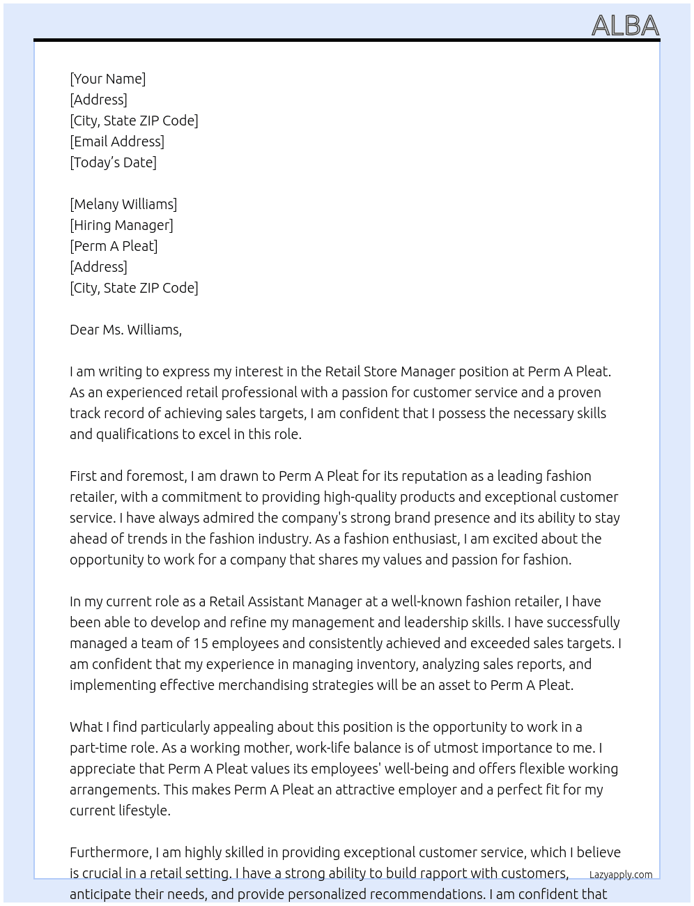 Retail Store Manager At Perm A Pleat Cover Letter