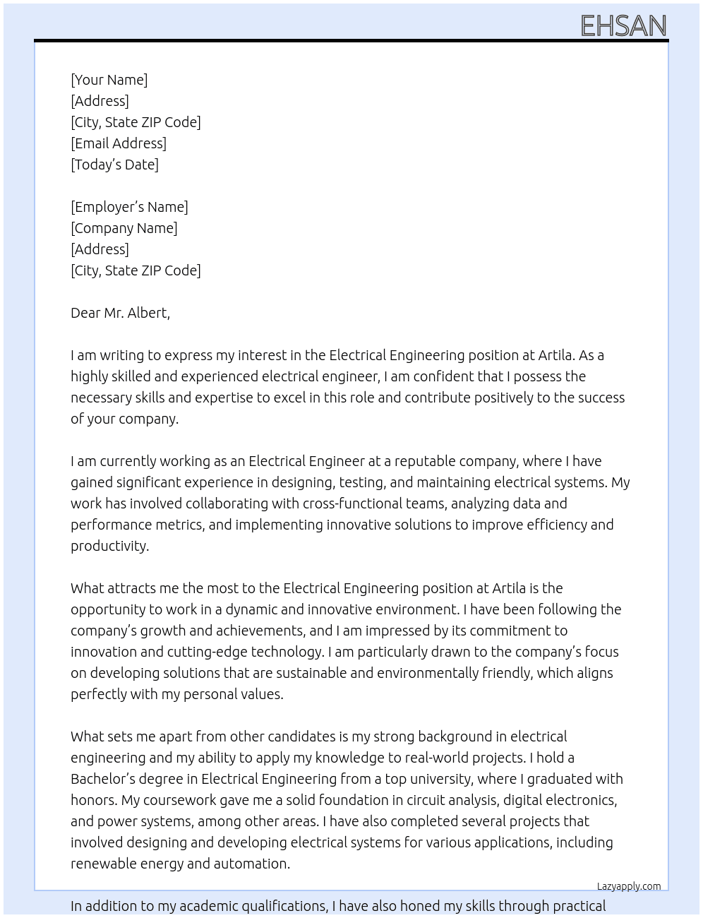 Electrical engineering At Artila Cover Letter