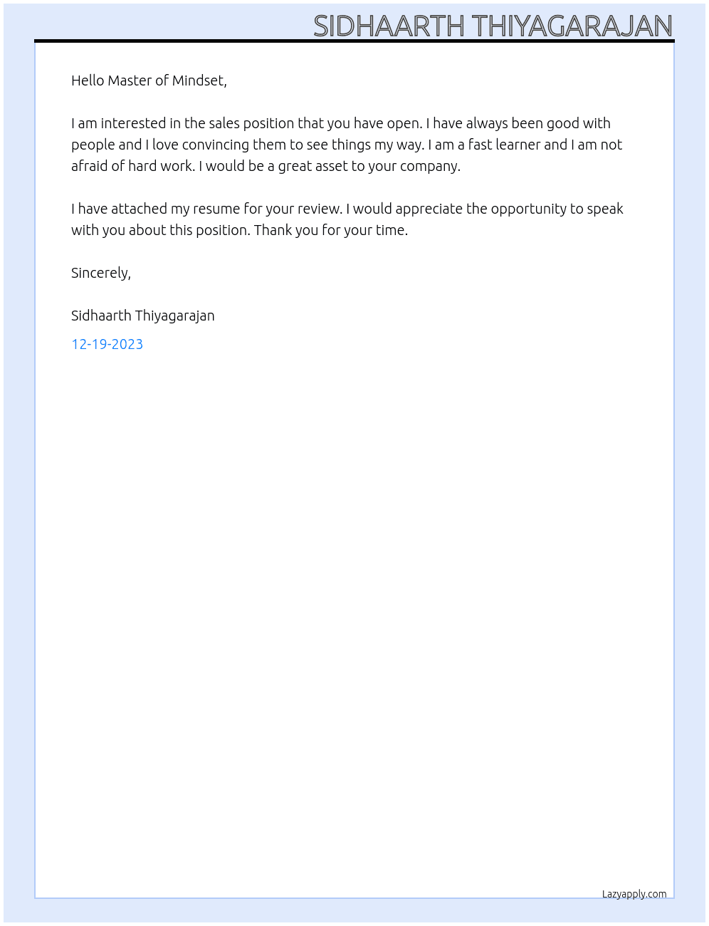 sales At master of mindset Cover Letter