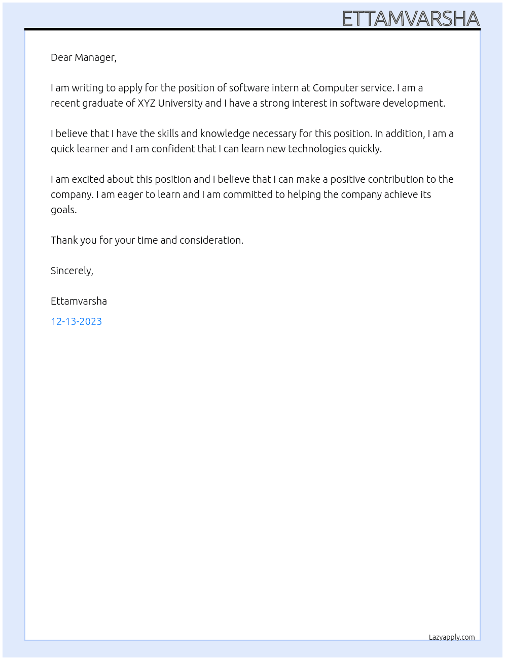 Software At Computer service intern Cover Letter