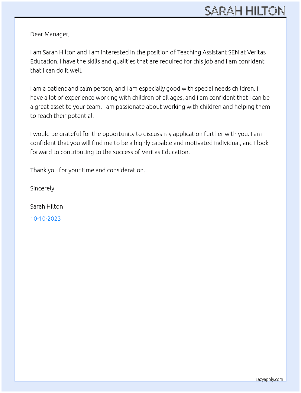 Teaching Assistant SEN At Veritas Education  Cover Letter