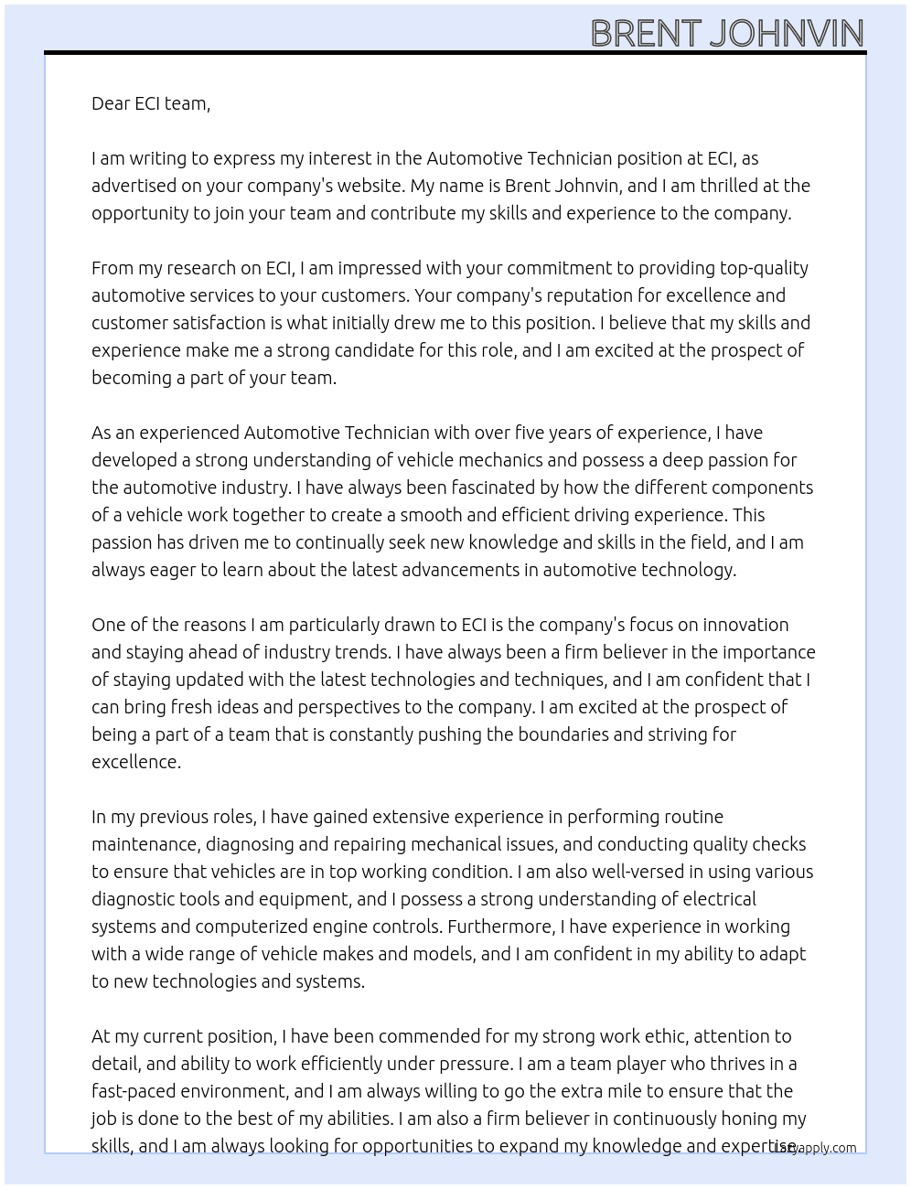 Automotive Technic  At ECI Cover Letter