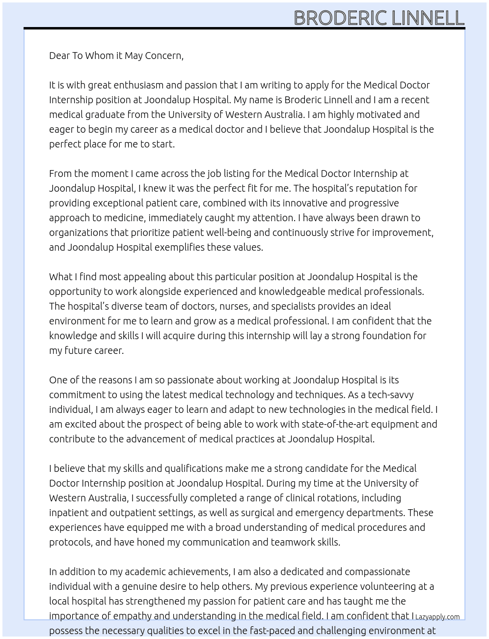 medical doctor intership At Joondalup Hospital Cover Letter