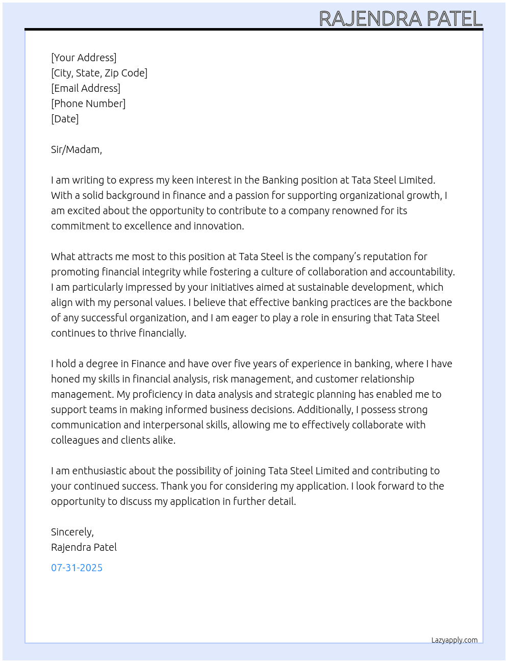 Banking  At Tata Steel limited  Cover Letter